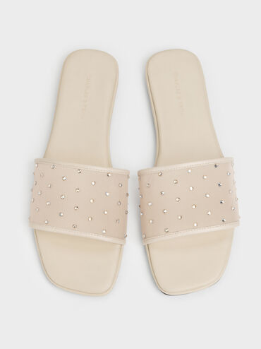 Mesh Crystal Slide Sandals, Beige, hi-res