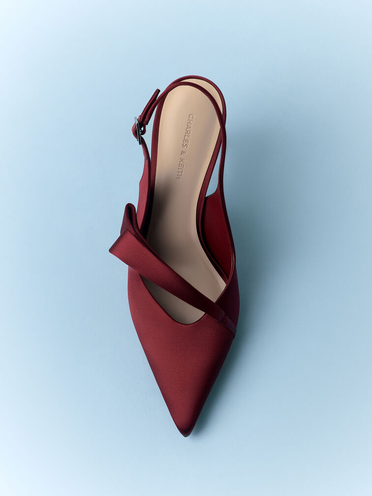 Satin Pleated-Strap Slingback Pumps, Red, hi-res