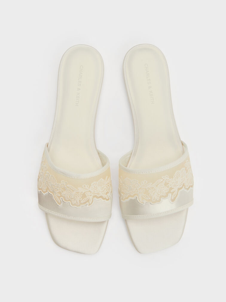 Satin Embroidered-Mesh Slide Sandals, White, hi-res