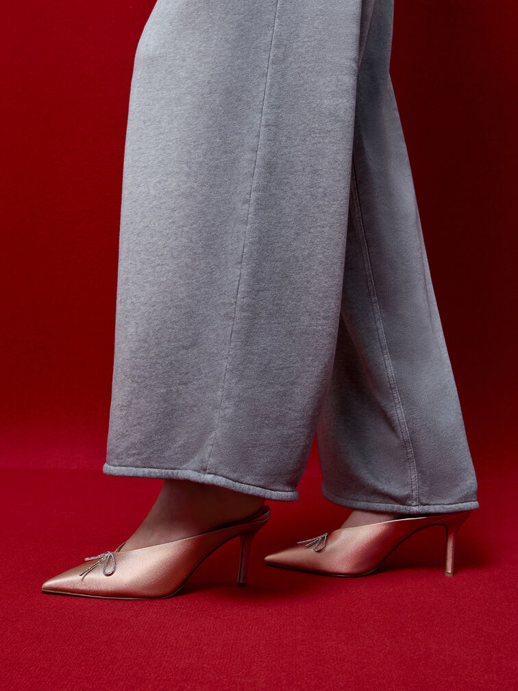 Crystal-Bow Pointed-Toe Heeled Mules, Nude, hi-res