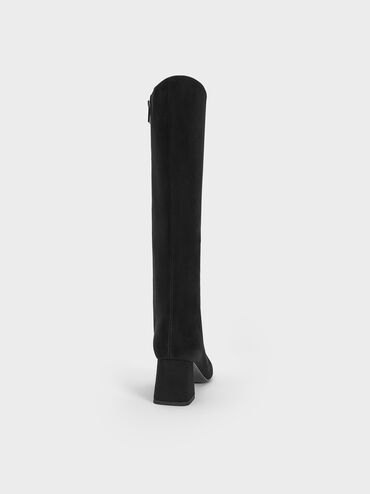 Faux Suede Square-Toe Knee-High Boots, Black Textured, hi-res