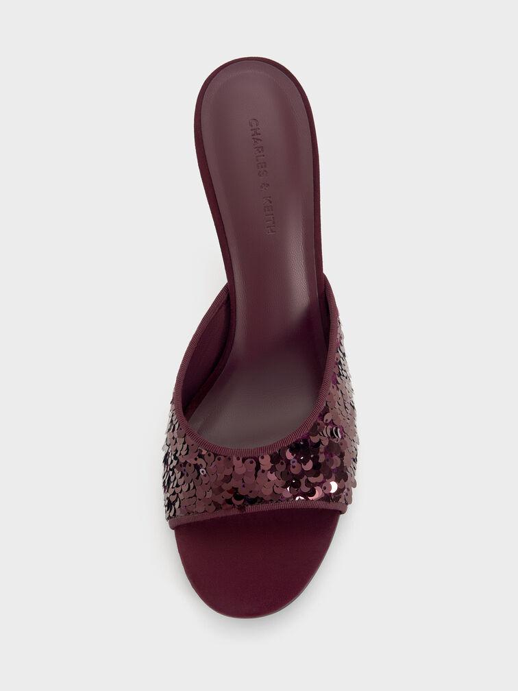 Sequinned Stiletto-Heel Mules, Burgundy, hi-res