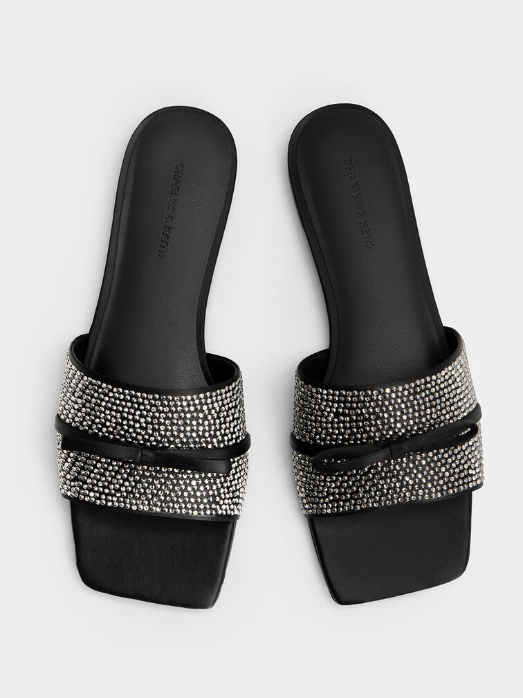 Satin Crystal Bow Slide Sandals, Black Textured, hi-res