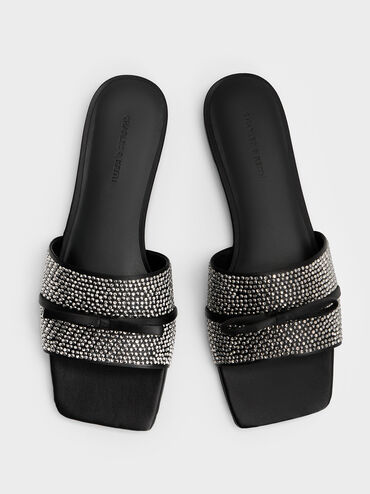 Satin Crystal Bow Slide Sandals, Black Textured, hi-res