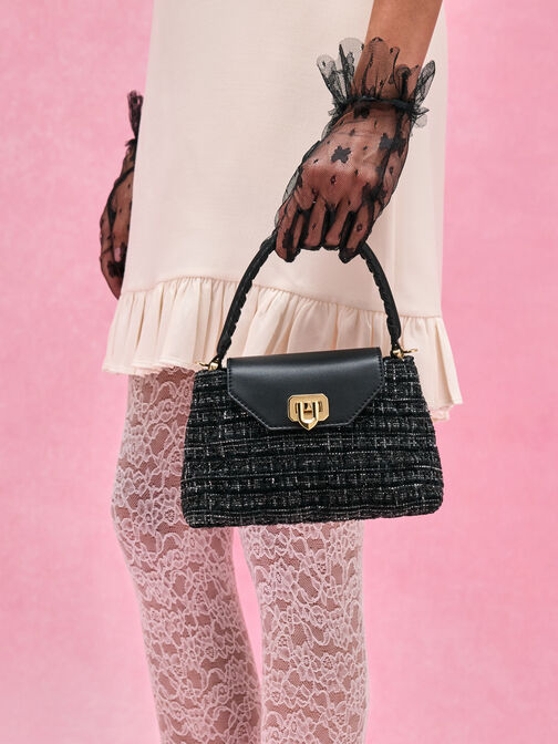 Arwen Tweed Quilted Top Handle Bag, Black Tweed, hi-res