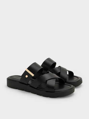 Metallic-Accent Crossover Slides, Black, hi-res