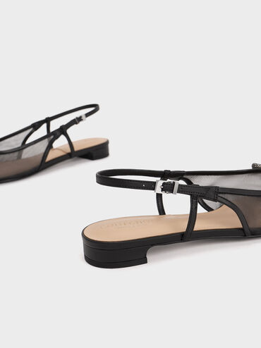Embellished-Bow Mesh Slingback Ballerinas, Black, hi-res