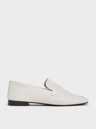 Almond-Toe Penny Loafers, White, hi-res