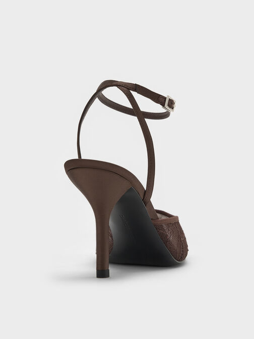Lace & Satin Peep-Toe Heels, Dark Brown Textured, hi-res