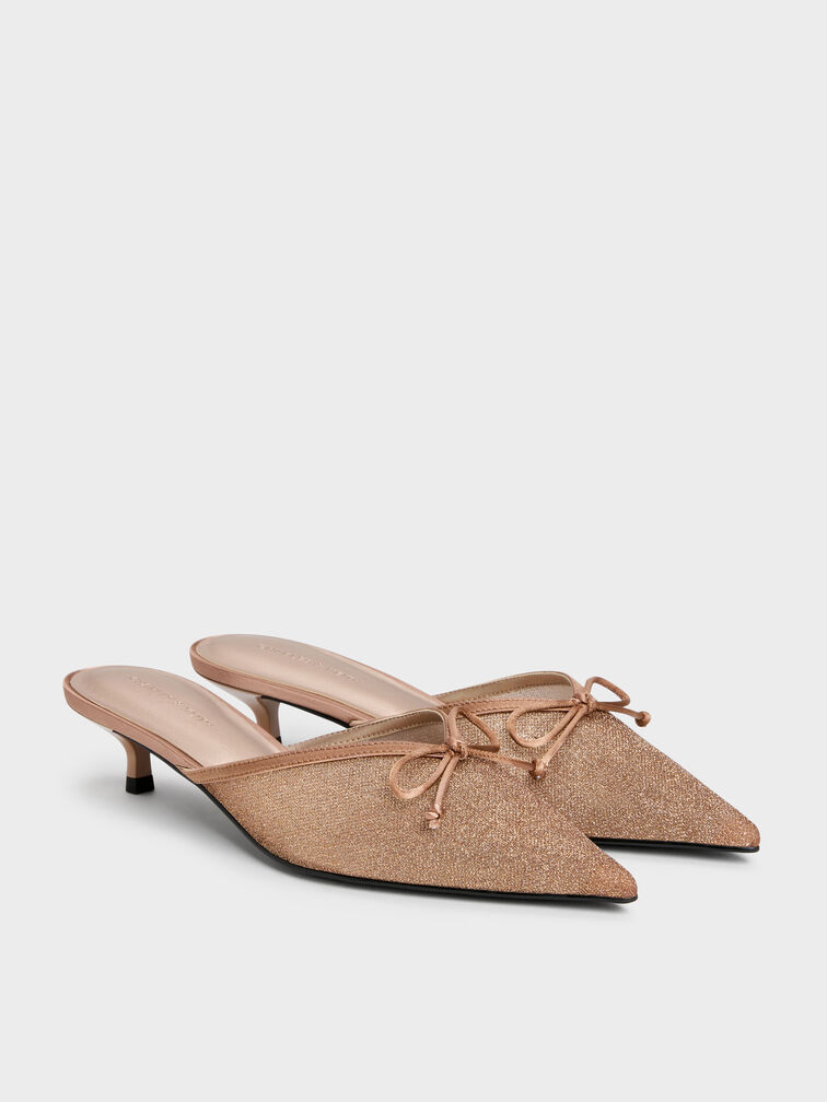 Glittered Mesh Bow Kitten Heels, Brown, hi-res