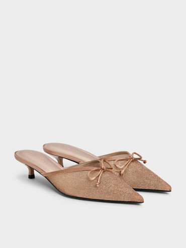 Glittered Mesh Bow Kitten Heels, Brown, hi-res