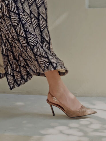 حذاء كعب عالي مدبب من القماش الشبكي اللامع, بني, hi-res