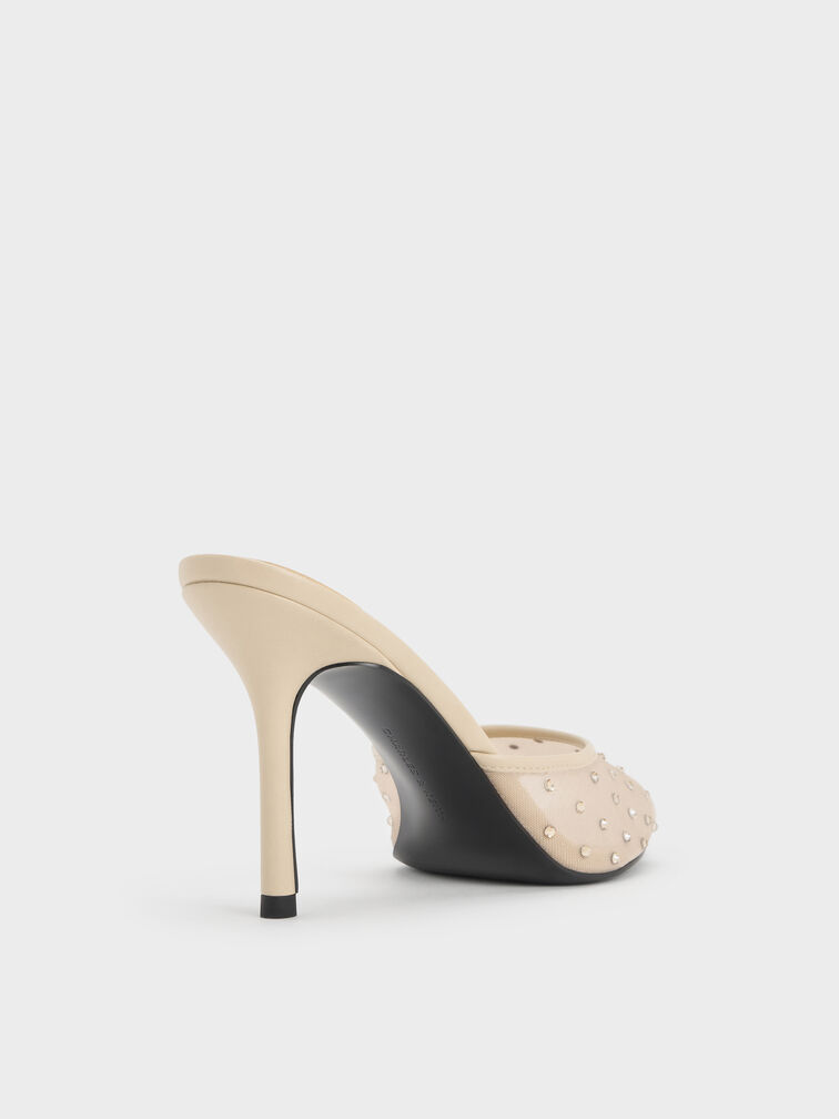 Mesh Crystal Peep-Toe Heeled Mules, Beige, hi-res