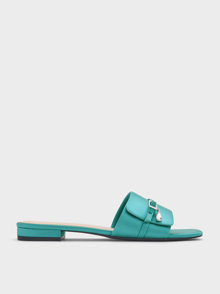 Teardrop-Crystal Buckled Slide Sandals, Teal, hi-res