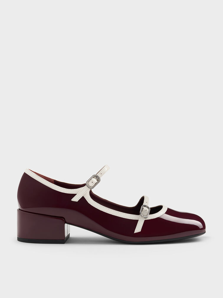 Patent Contrast-Trim Double-Strap Mary Jane Pumps, Burgundy, hi-res