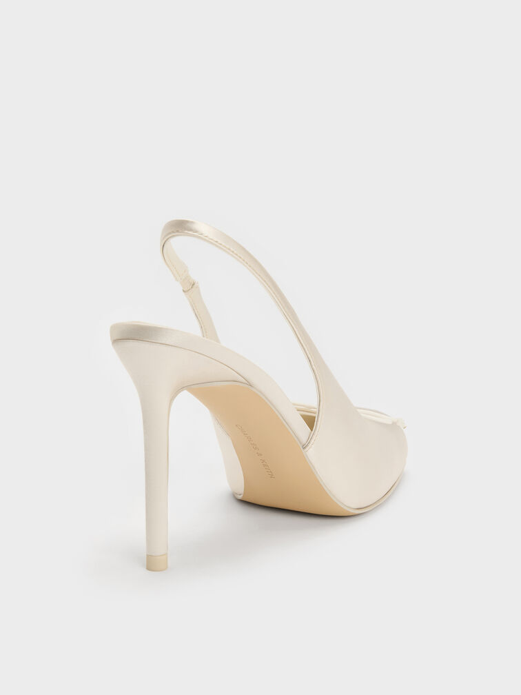 Satin Ruched Stiletto Slingback Pumps, Chalk, hi-res