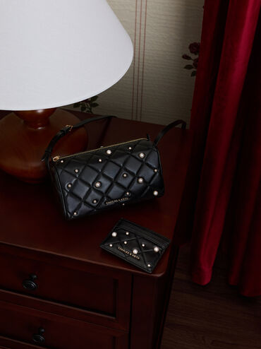 Janie Quilted Pearl Card Holder, Black, hi-res