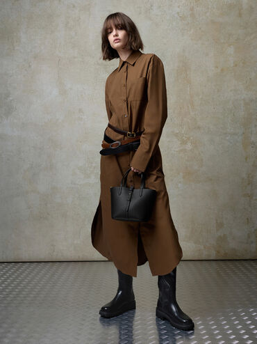 شنطة دلو بريل بجلد معاد تدويره بيد مزدوجة, أسود, hi-res