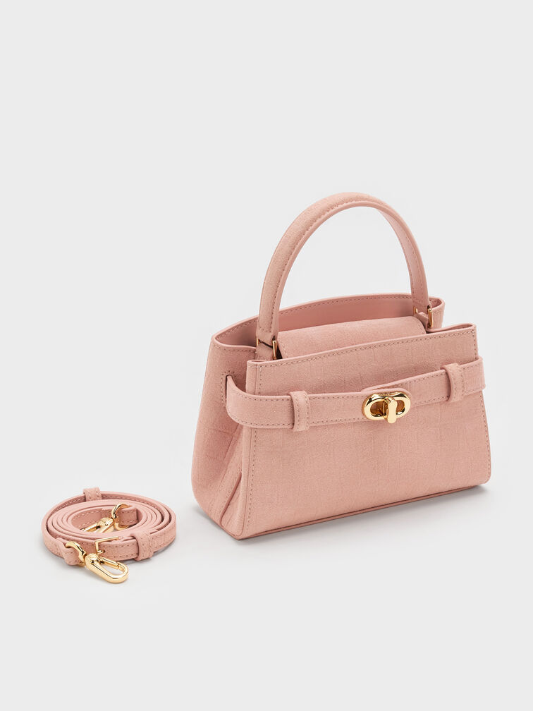 Aubrielle Croc-Effect Belted Top Handle Bag, Pink, hi-res