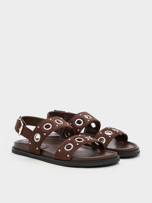Faux Suede Grommet Slingback Sandals, Dark Brown Textured, hi-res