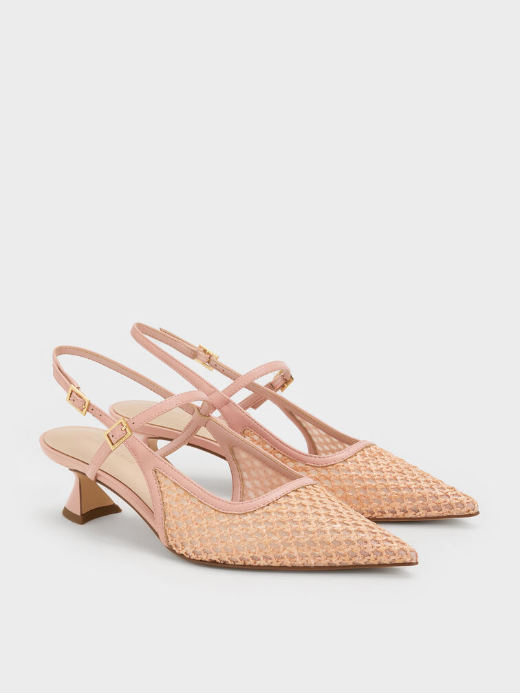 Raffia Sculptural-Heel Slingback Pumps, Pink, hi-res