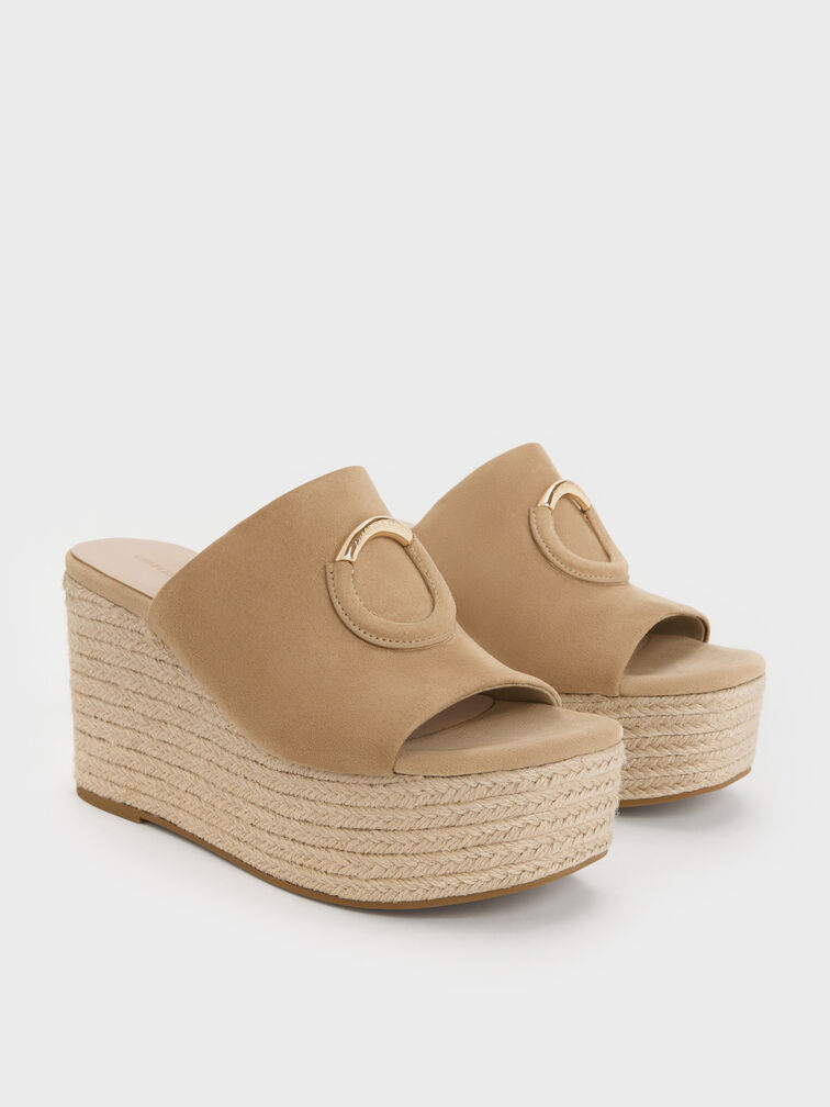 Faux Suede Metallic-Accent Espadrille Wedges, Sand, hi-res
