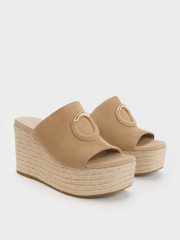 Faux Suede Metallic-Accent Espadrille Wedges, Sand, hi-res