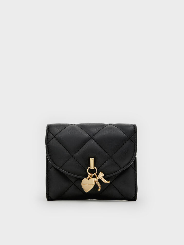 Arrietty Quilted Curved-Flap Wallet, Black, hi-res