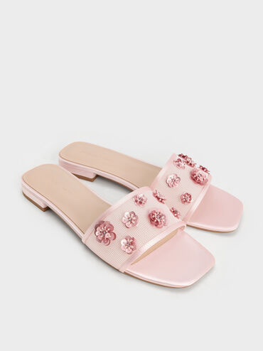 Mesh & Satin Sequin-Flower Slide Sandals, Pink, hi-res