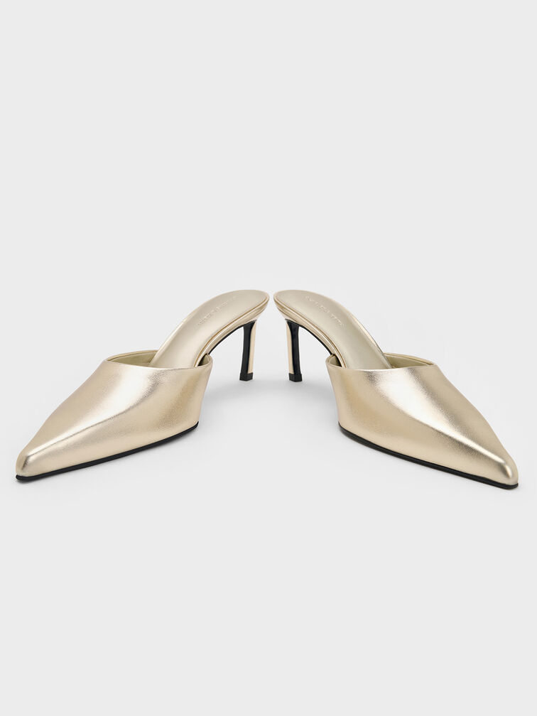 Metallic Pointed-Toe Heeled Mules, Gold, hi-res