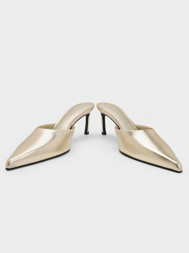 Metallic Pointed-Toe Heeled Mules, Gold, hi-res