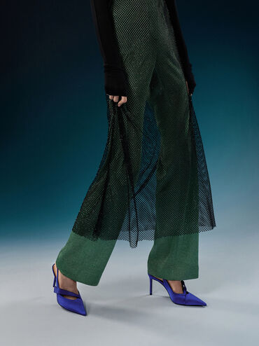 Satin Pleated-Strap Slingback Pumps, Blue, hi-res