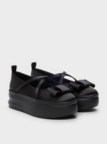 Brantley Bow Platform Mary Janes, Black Textured, hi-res