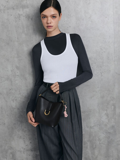 Gabine Leather Belted Bucket Bag, Black, hi-res