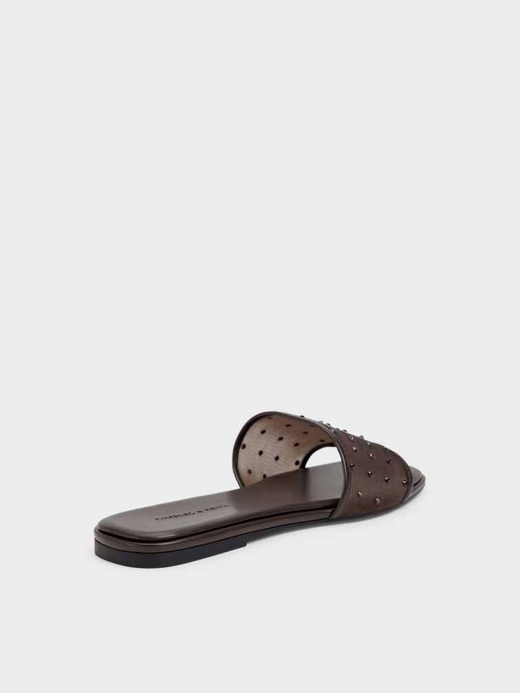 Mesh Crystal Slide Sandals, Dark Brown Textured, hi-res