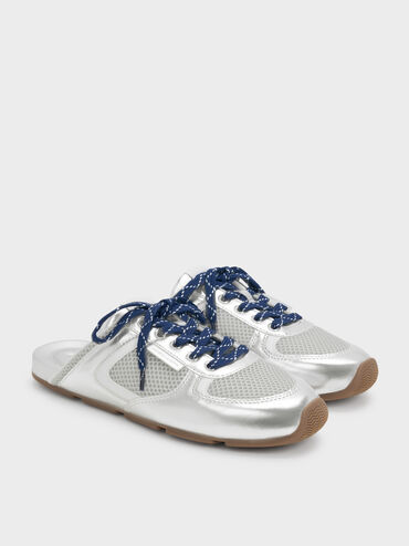 Metallic Mesh Lace-Up Sneaker Mules, Silver, hi-res