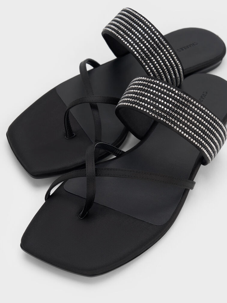 Satin Crystal-Embellished Crossover Toe-Ring Sandals, Black Textured, hi-res