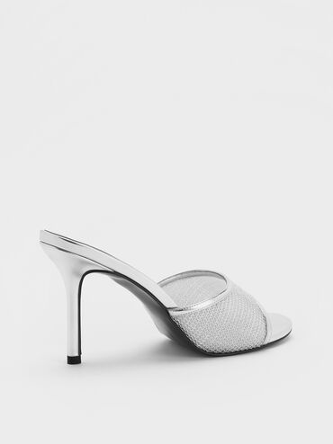 Mesh Metallic Stiletto-Heel Mules, Silver, hi-res