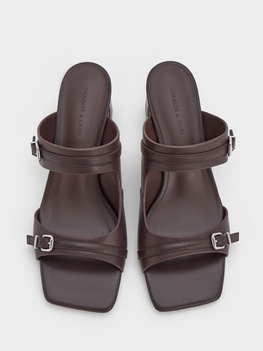 Buckled Double-Strap Heeled Mules, Burgundy, hi-res