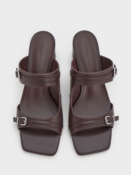 Buckled Double-Strap Heeled Mules, Burgundy, hi-res