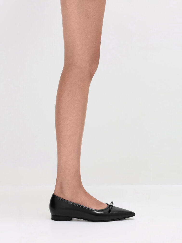 Bow Pointed Ballet Flats, Black, hi-res
