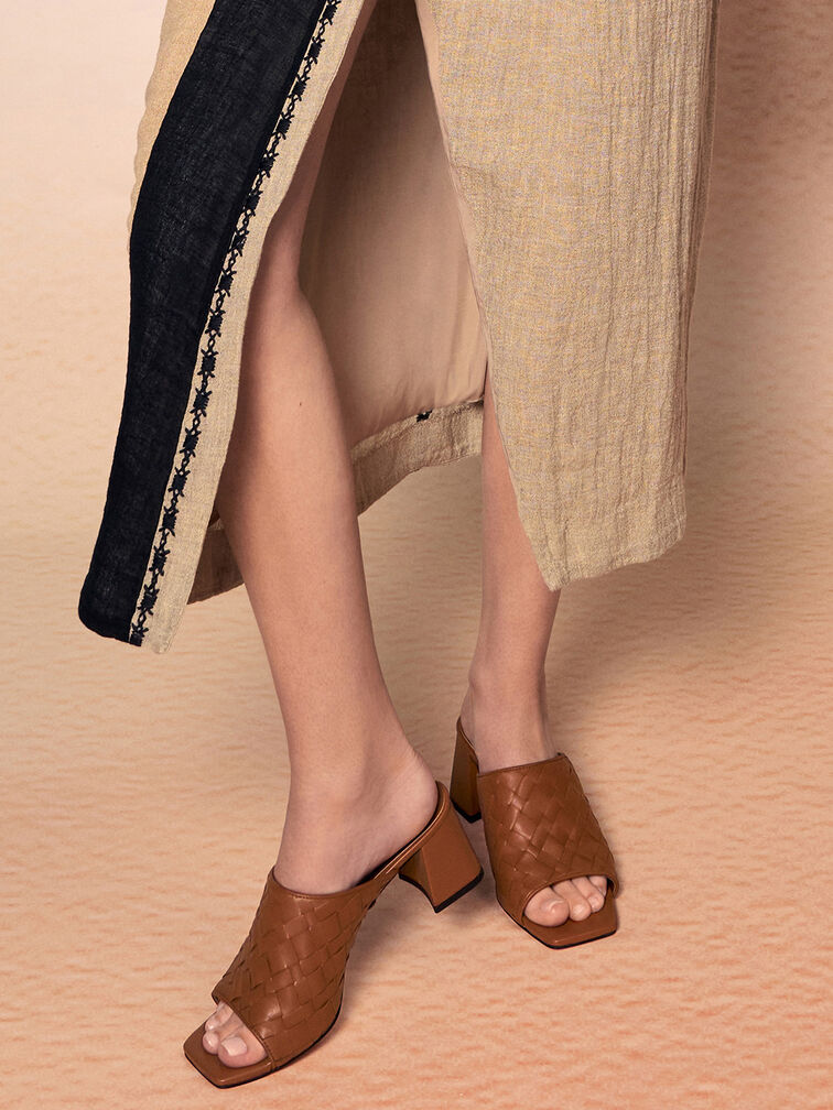 Ivette Woven Heeled Mules, Brown, hi-res