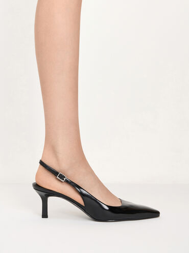 Pointed-Toe Kitten-Heel Slingback Pumps, Black Boxed, hi-res