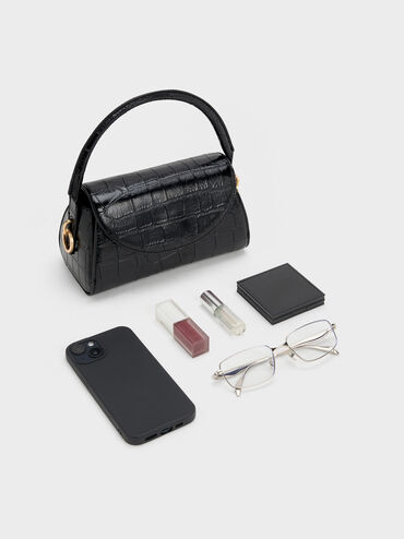 Kaila Croc-Effect Top Handle Bag, Black Croco, hi-res