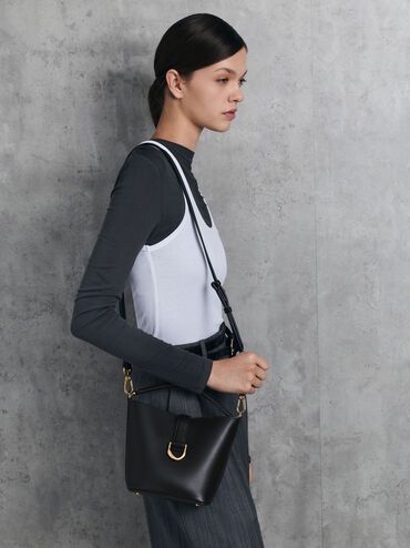 Gabine Leather Belted Bucket Bag, Black, hi-res