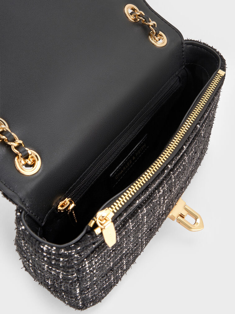 Arwen Tweed Diamond-Quilt Shoulder Bag, Black Tweed, hi-res