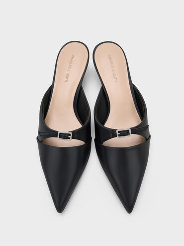 Crystal-Buckle Pointed-Toe Kitten-Heel Mules, Black, hi-res