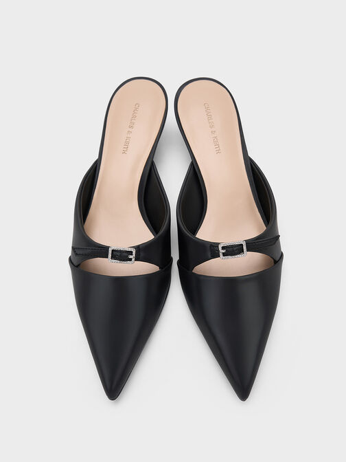 Crystal-Buckle Pointed-Toe Kitten-Heel Mules, Black, hi-res