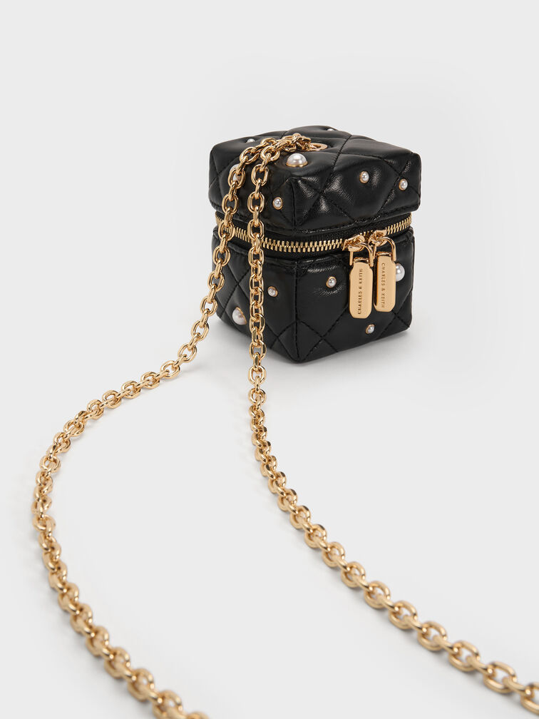 حقيبة مايكرو جيني مبطنة مزينة باللؤلؤ بمقبض سلسلة, أسود, hi-res