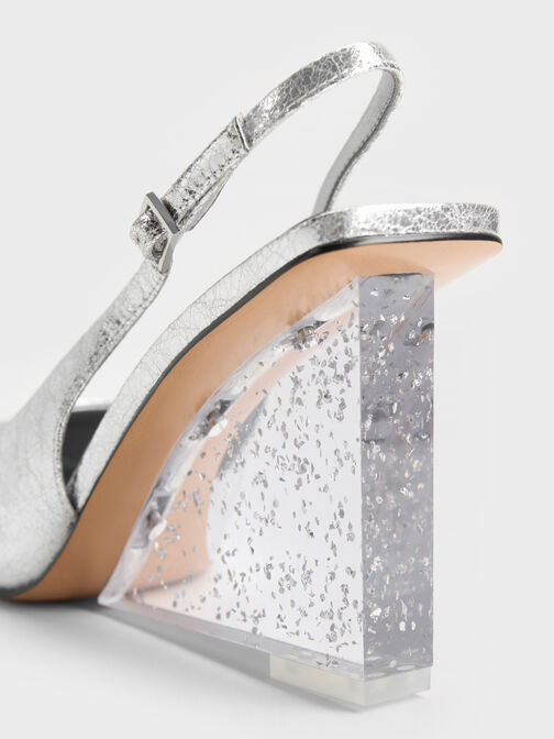 Metallic Speckled-Heel Slingback Wedges, Silver, hi-res